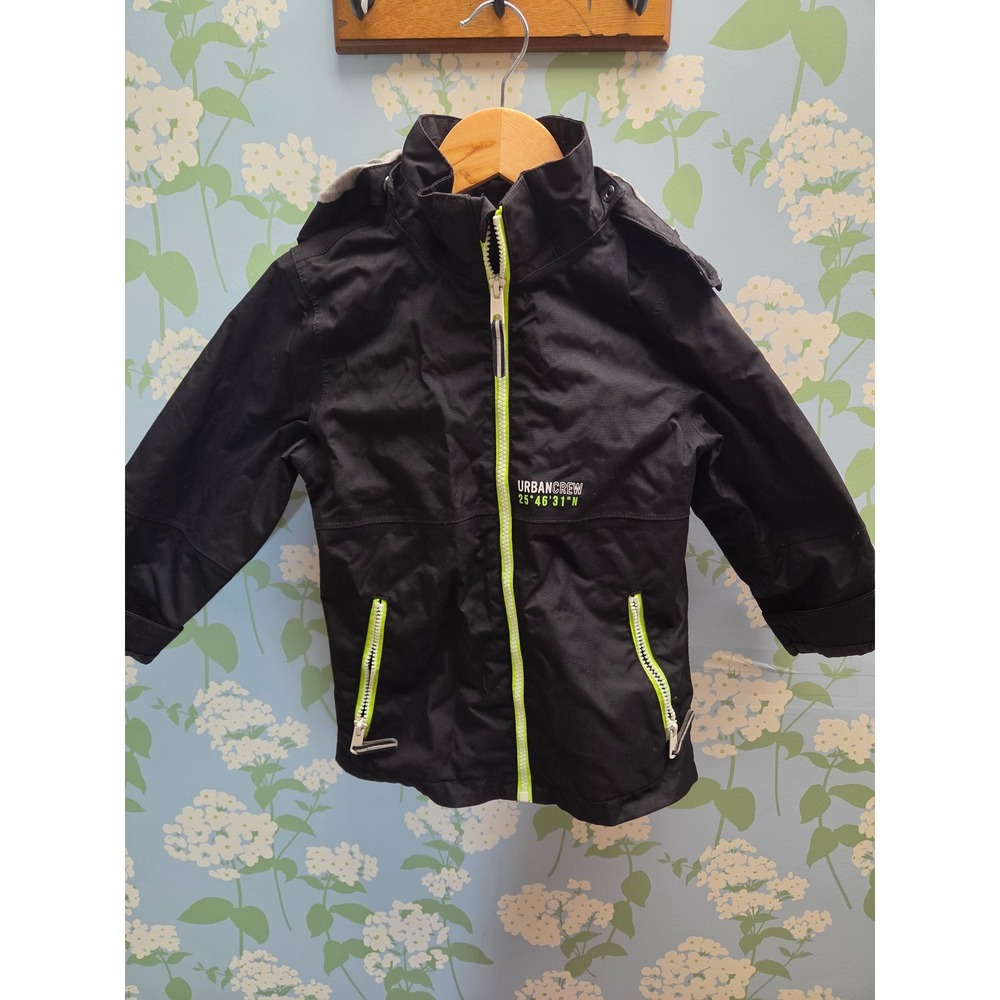 HM Urban Crew Kids Black Windbreaker Jacket Neon Green Trim Hooded Size 5-6Y